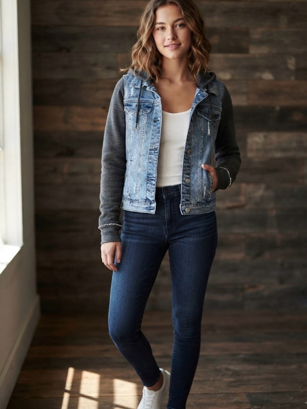 Hollister Denim Jacket with Dark Gray Hoodie Sleeves